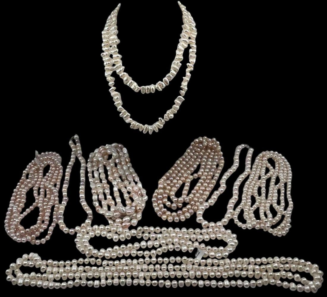 Grouping Of Freshwater Pearl Necklaces: Grouping Of Freshwater Pearl Necklaces. Longest strand approximately 60.0in. Shortest approximately 18.0in. Largest pearls approximately 9.4 x 8.2mm. Smallest approximately 7.8 x 6.0mm.
