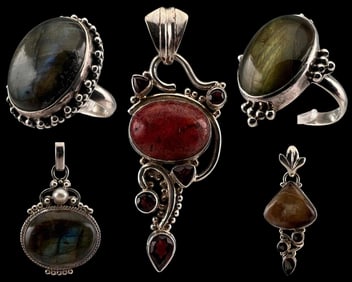 Grouping Of Labradorite And Other Gem Set Sterling Silver Jewelry
