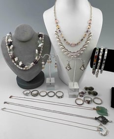 Sterling Silver Jewelry Lot, Including Freshwater Pearls, Semi Precious Stones