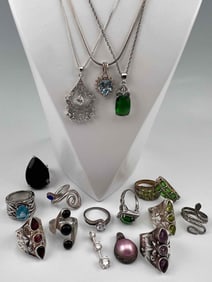 Sterling Silver Jewelry Grouping, Many Gem Set Pieces