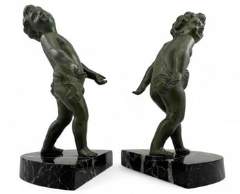 Pair Of Verdigris Patinated Bronze Cherub Bookends