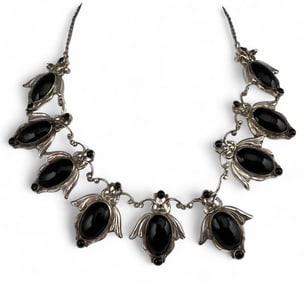 Sterling Silver Egyptian Revival Enamel & Black Onyx Scarab Necklace