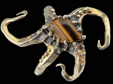 Vintage Sand Cast Brutalist Octopus Cuff Bracelet With Tigers Eye Center Stone