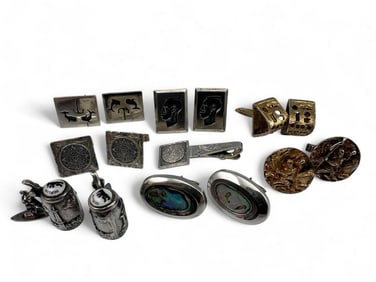 Seven Pairs of Sterling Silver Cufflinks, Including Dunhill, Taxco