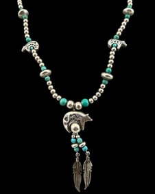 Native American Sterling Silver Beaded Bear Necklace