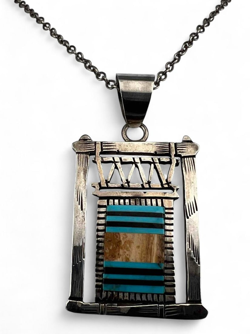 Richard Begay, Navajo Sterling Silver Stone Inlay Necklace: Richard Begay, Navajo Sterling Silver Stone Inlay Necklace, 21.6g. Pendant signed "RB," tests as sterling. Chain marked 925. Pendant approximately 2.25L x 1.25W in. (including bale). Chain length appr