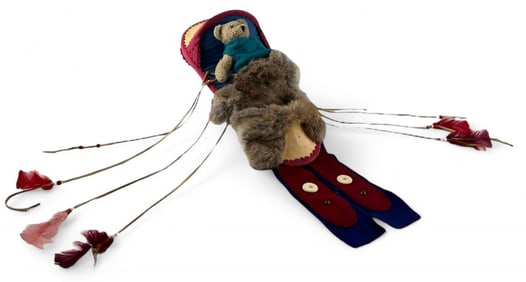 Native American Rabbit Fur Teddy Bear Cradle Board