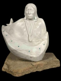 Michael J. Chee, Navajo, Woman With Butterflies, Marble & Turquoise Sculpture