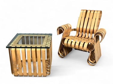 Frank Gehry For Knoll Furniture, Power Play Bent Maple Arm Chair & Side Table