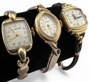 Three 14k Watches, Tradition 17 Jewels, Lady Elgin, Black Star & Gorham