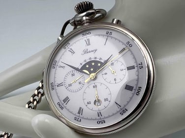 Henri Berney Blondeau Sterling Silver 17 Jewel Chronograph Pocket Watch With Moon Phase Indicator.