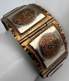 Sterling Silver Mid Century Mexican Bracelet With Mayan Designs