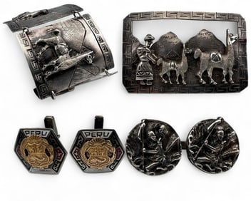 Sterling Silver & Gold Peruvian Cufflinks, Bracelet, & Pin