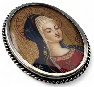 Antique Miniature Hand Painted Icon Set In Silver