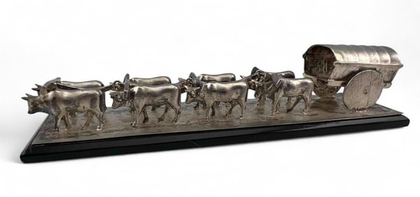 Vintage Sterling Silver Miniature Oxcart On Stand