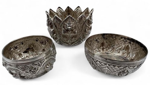 Three Vintage & Antique East Asian Deity Repousse Bowls