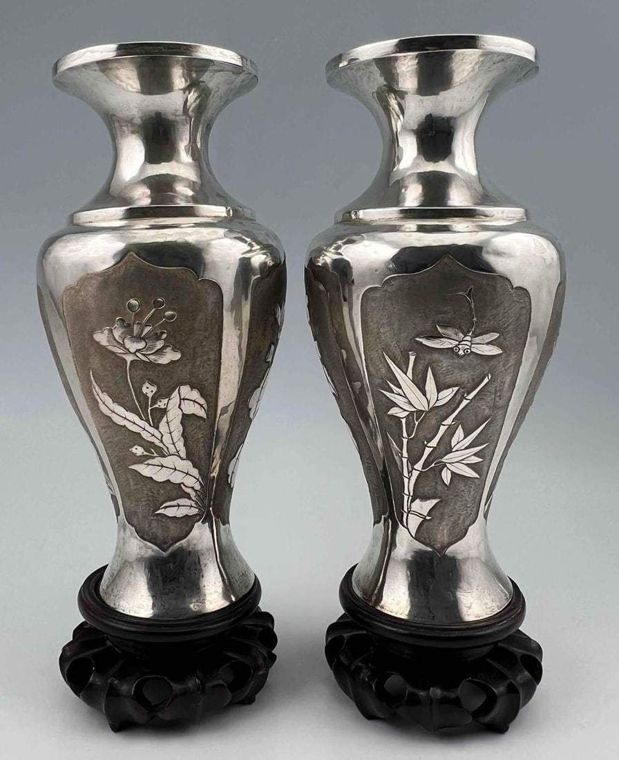 Pair of Chinese Sterling Silver Export Vases (1 of 11)