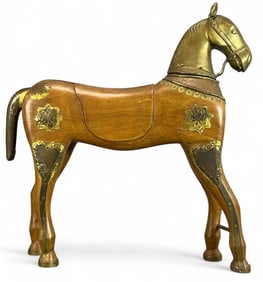 Large Indian Brass Mounted Wooden Horse Figure With Decorative Appliques