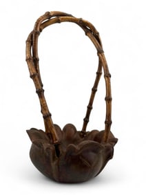 Asian Carved Wood & Bamboo Lotus Form Basket