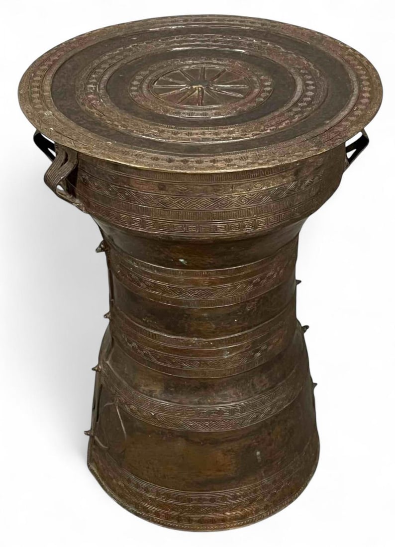Southeast Asian Bronze Rain Drum: Southeast Asian Bronze Rain Drum. Approximately 18.0H x 13.0W in.