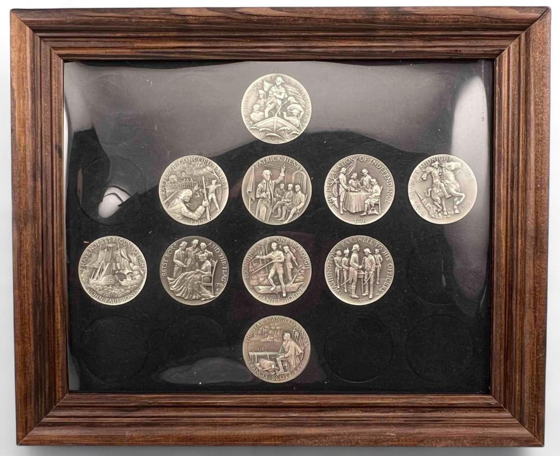 Longines Symphonette Sterling Silver Great American Triumphs Medals: Longines Symphonette Sterling Silver Great American Triumphs Medals, 358.2g. Marked "Longines Symphonette Sterling." Each approximately 1.5625in. As framed approximately 11.625W x 9.5H x 0.75D in.