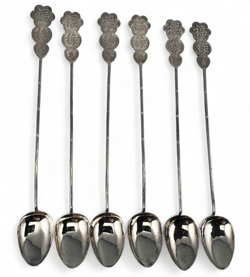 Set Of Six Chinese Silver Teaspoons: Set Of Six Chinese Silver Teaspoons, 67.2g. Marked "Silver 90." Test as 90 percent silver. Each approximately 7.375L x 1.0W in. ALL CREDIT CARDS WILL BE MANUALLY VERIFIED PRIOR TO SHIPMENT.