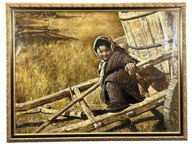 Kong Fanping, Important Chinese American Artist, Large Oil On Canvas Of A Girl In The Country