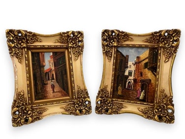 Two Miniature Paintings, Moroccan Street Scenes, Oil On Board