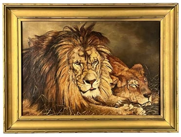 Lion & Lioness, 20th Century, Oil On Canvas