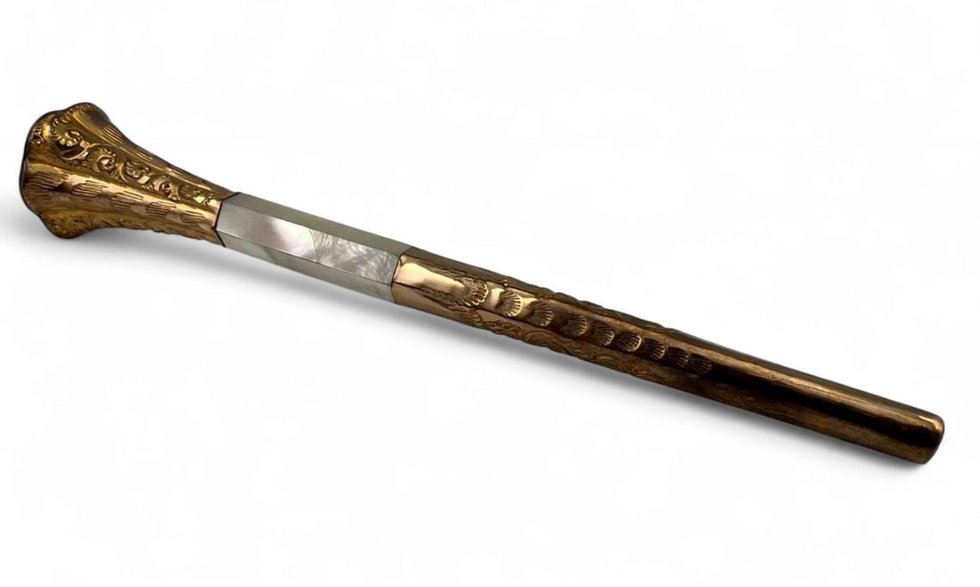 Antique Gold Plated & Mother of Pearl Parasol Handle: Antique Gold Plated & Mother of Pearl Parasol Handle. Approximately 9L in. ALL CREDIT CARDS WILL BE MANUALLY VERIFIED PRIOR TO SHIPMENT.