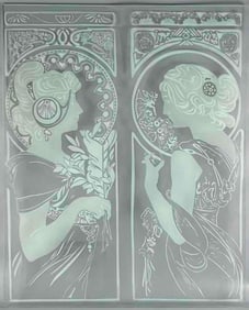 Art Nouveau Style Etched Glass Panel, After Mucha
