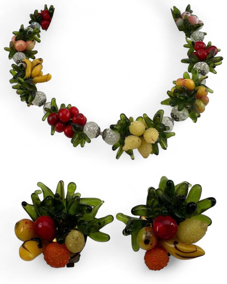 Venetian Art Glass Fruit Necklace & Ear Clips Set: Venetian Art Glass Fruit Necklace & Ear Clips Set. Earring backs marked "Italy Made." Necklace approximately 15.25L x 0.90W in. Earrings approximately 1.0L x 1.0W in.
