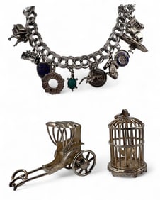 Sterling Silver Charm Bracelet With Sixteen Charms, Many Military Themed