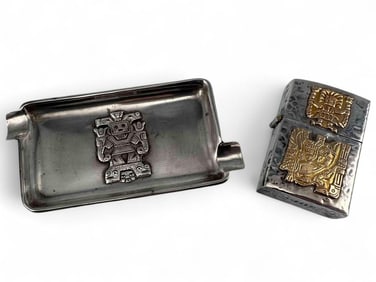 Peruvian Sterling Silver 18K Gold Overlay Zippo Lighter & Sterling Ashtray