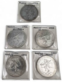Five 1968 Olympics Mexican 25 Peso Silver Coins