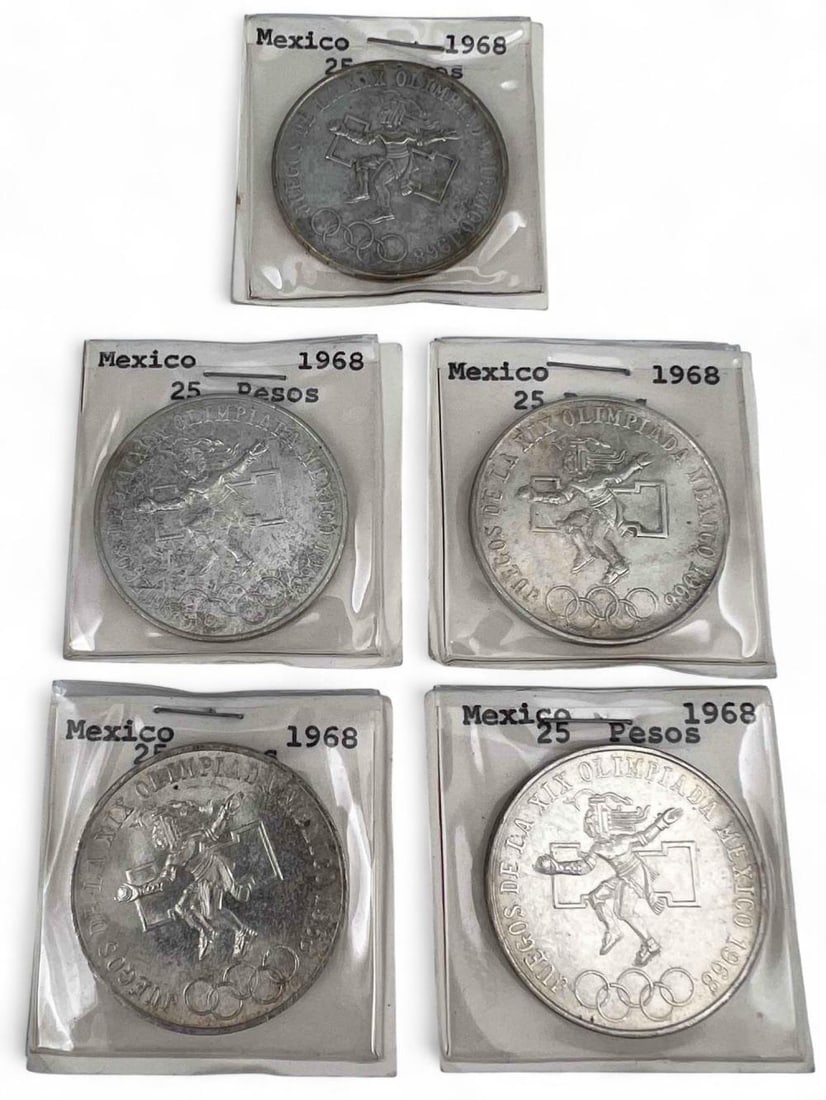 Five 1968 Olympics Mexican 25 Peso Silver Coins (1 of 6)