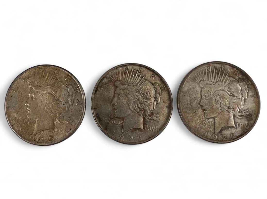 Three U.S. Peace Silver Dollar Coins, 1922-1925 (1 of 2)