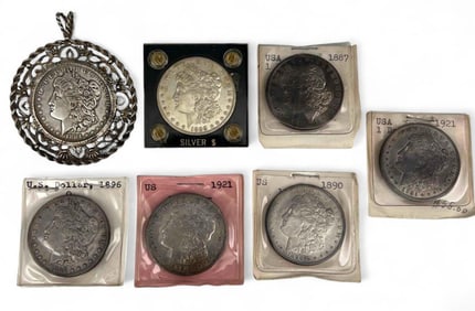 Seven Morgan Silver Dollars, 1884-1921