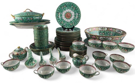 Chinese Hand Enameled Famille Verte Porcelain Bok Choy Dinner Service