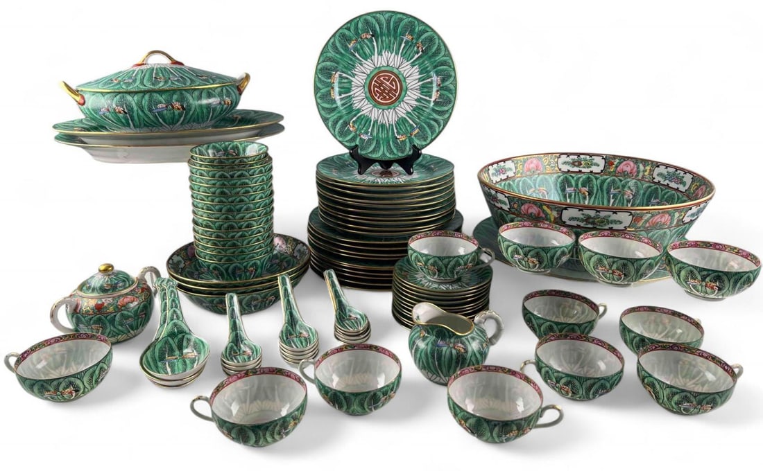 Chinese Hand Enameled Famille Verte Porcelain Bok Choy Dinner Service: Chinese Hand Enameled Famille Verte Porcelain Bok Choy Dinner Service, 87 Pieces. Marked "Japanese Porcelain Ware Hand Decorated In Hong Kong." Largest piece approximately 14.125W x 6.25H in. Smallest