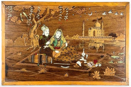 South Asian Inlaid Wood Plaque With Court Scene
