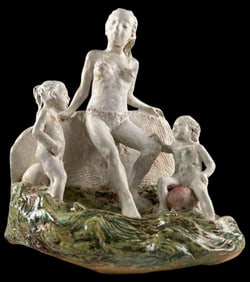 Marianne de Hatten Groh ( French-American, 1935-2025), Woman & Children At The Beach, Terra Cotta