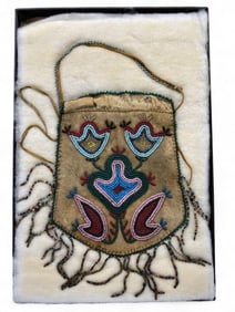 19th Century Native American Beaded Hide Pouch with Fringe, 1890's Black Foot Beaded Pouch