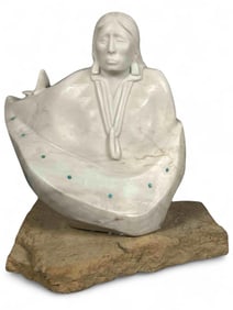 Michael J. Chee, Navajo, Woman With Butterflies, Marble & Turquoise Sculpture