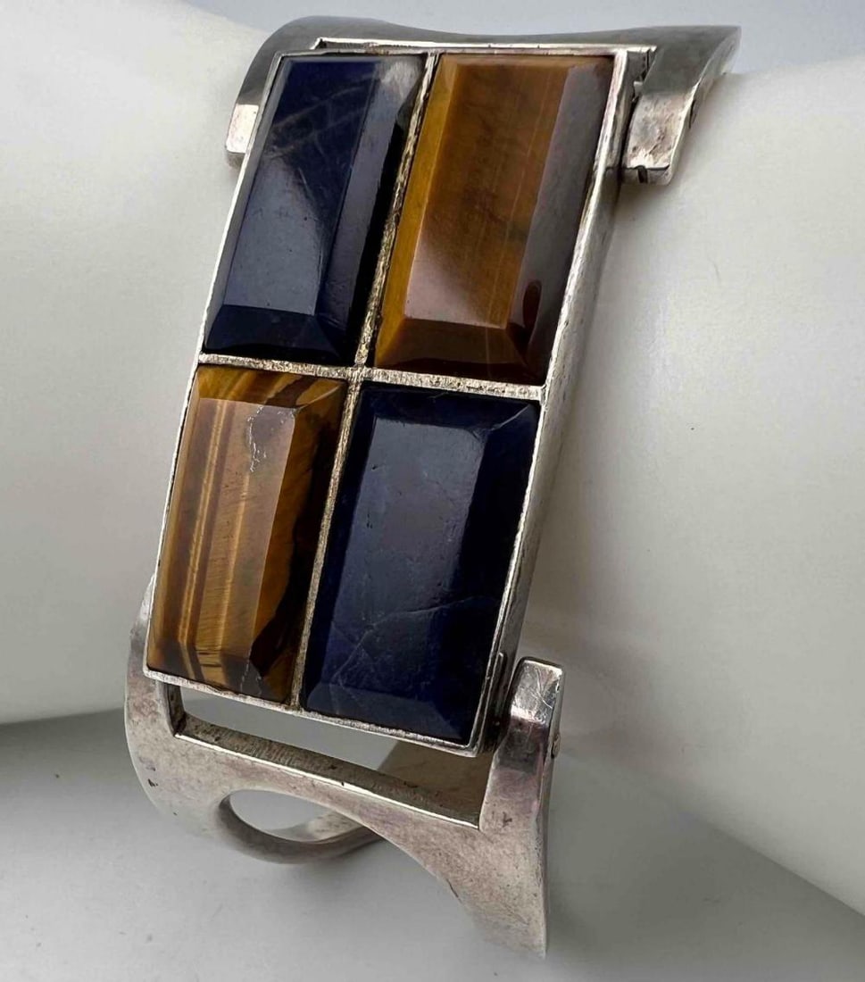 Vintage Taxco Sterling Silver Lapis & Tiger's Eye Bracelet (1 of 5)