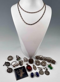Lot Of Silver Jewelry Including Haitian 1894 and 1881 Ten Centimes Coin Earrings