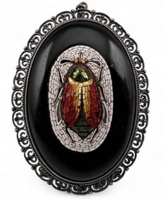Antique Silver Filigree Mounted Micro Mosaic Beetle Pendant