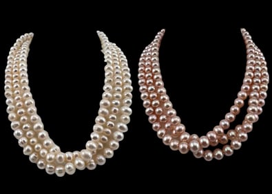 Two 14K Pink & White Three Strand Freshwater Pearl Necklaces