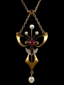 Antique Art Nouveau 14K Ruby Diamond & Pearl Lavalier Necklace
