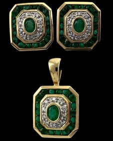 14K Emerald Diamond Pendant & Ear Clips Set